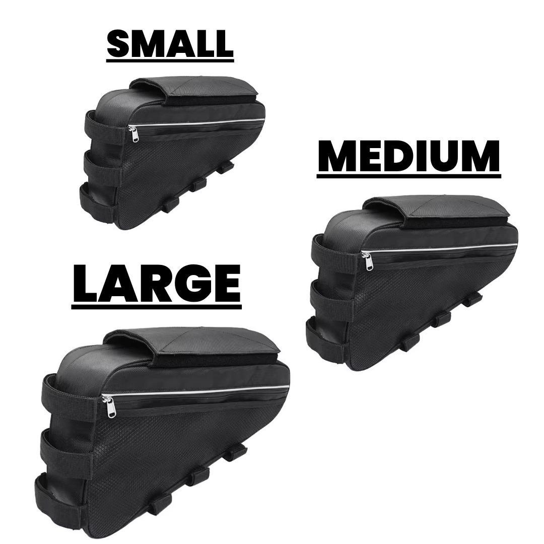Black waterproof triangle battery bag mounted to an e-bike frame